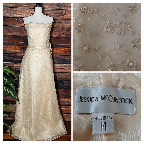 NWT Jessica McClintock Vintage Dress 14 Strapless Maxi Chiffon Peach Formal - Picture 1 of 13